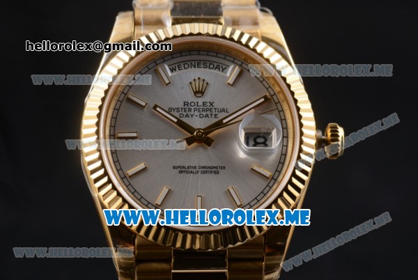 Rolex Day-Date Clone Rolex 3255 Automatic Yellow Gold Case/Bracelet with Silver Dial and Stick Markers - Click Image to Close